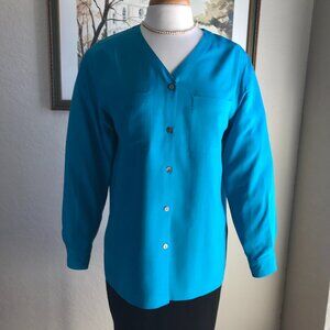 Valerie Stevens Petite Pure Silk Turquoise Blouse - Size PM